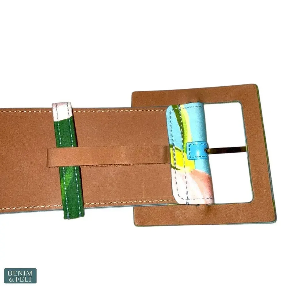 Carolina Herrera Floral Square-Buckle Icon Wide Belt Sky‎ Blue Leather L NEW